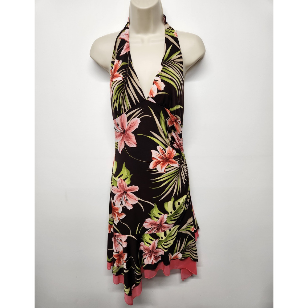 Xoxo Vintage Y2K Women's Floral Halter Asymmetric Dress, Size M, In Brown/Coral